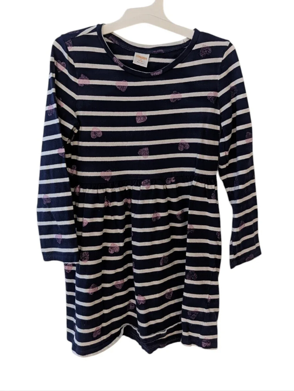 Gymboree Girls Navy&White Striped Dress with Sparkle Purple Hearts Size S 5-6